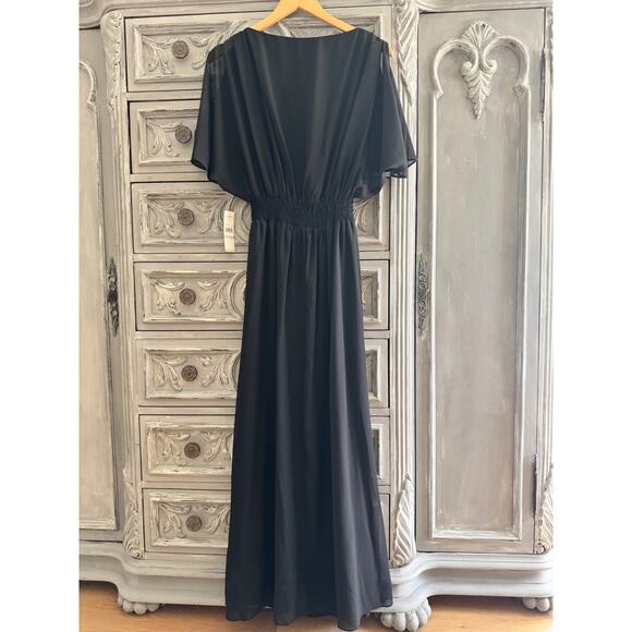 Laundry Dress Sz 6 Black Flowy Maxi Scoop Neck Flutter Sleeve Stretchy Waist NWT - Picture 2 of 7